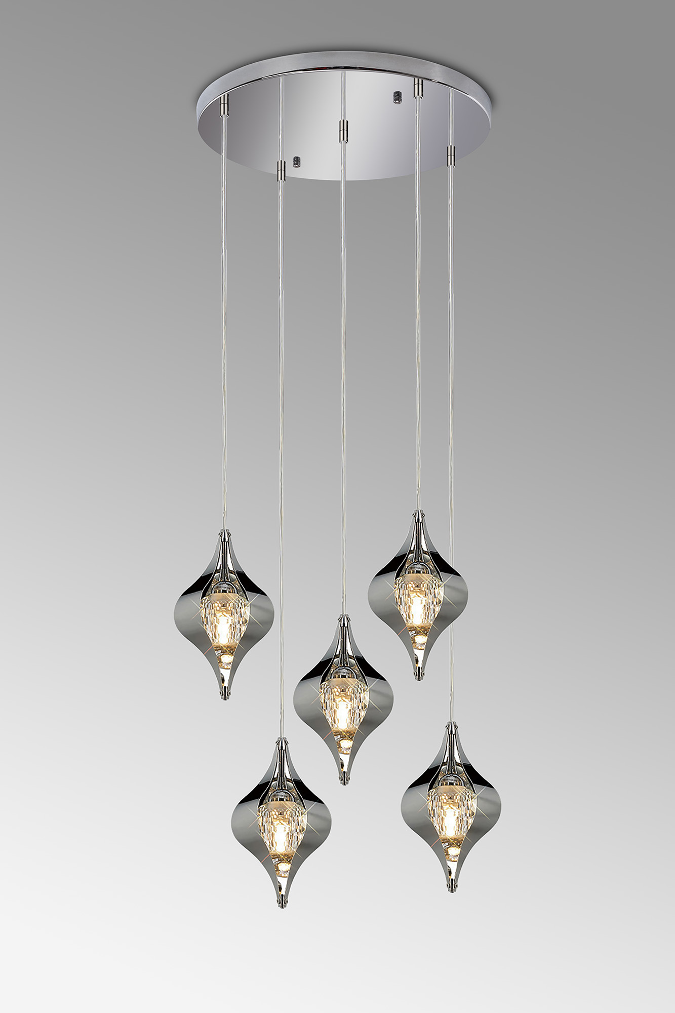 Amano 50cm Round Pendant, 5 Light Adjustable G9, Polished Chrome/Crystal